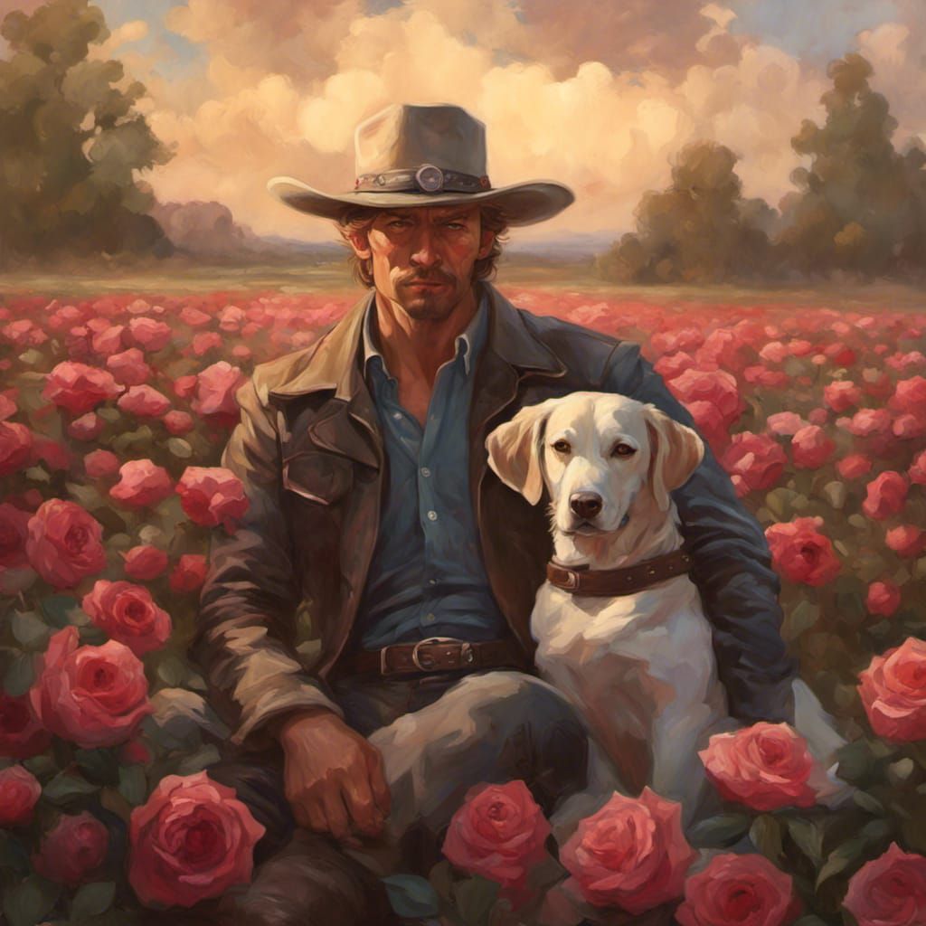 Cowboy and Dog in Rose Field, Oil Painting