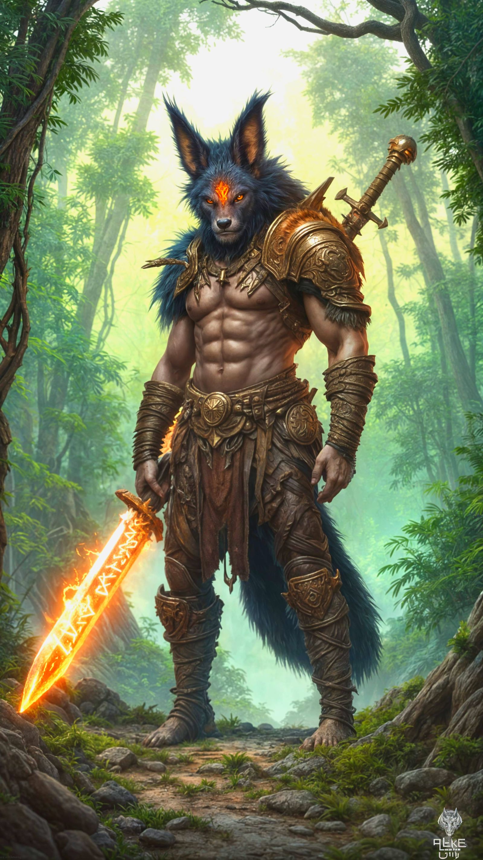 Jackal Barbarian in Lush Jungle, Cinematic Lighting