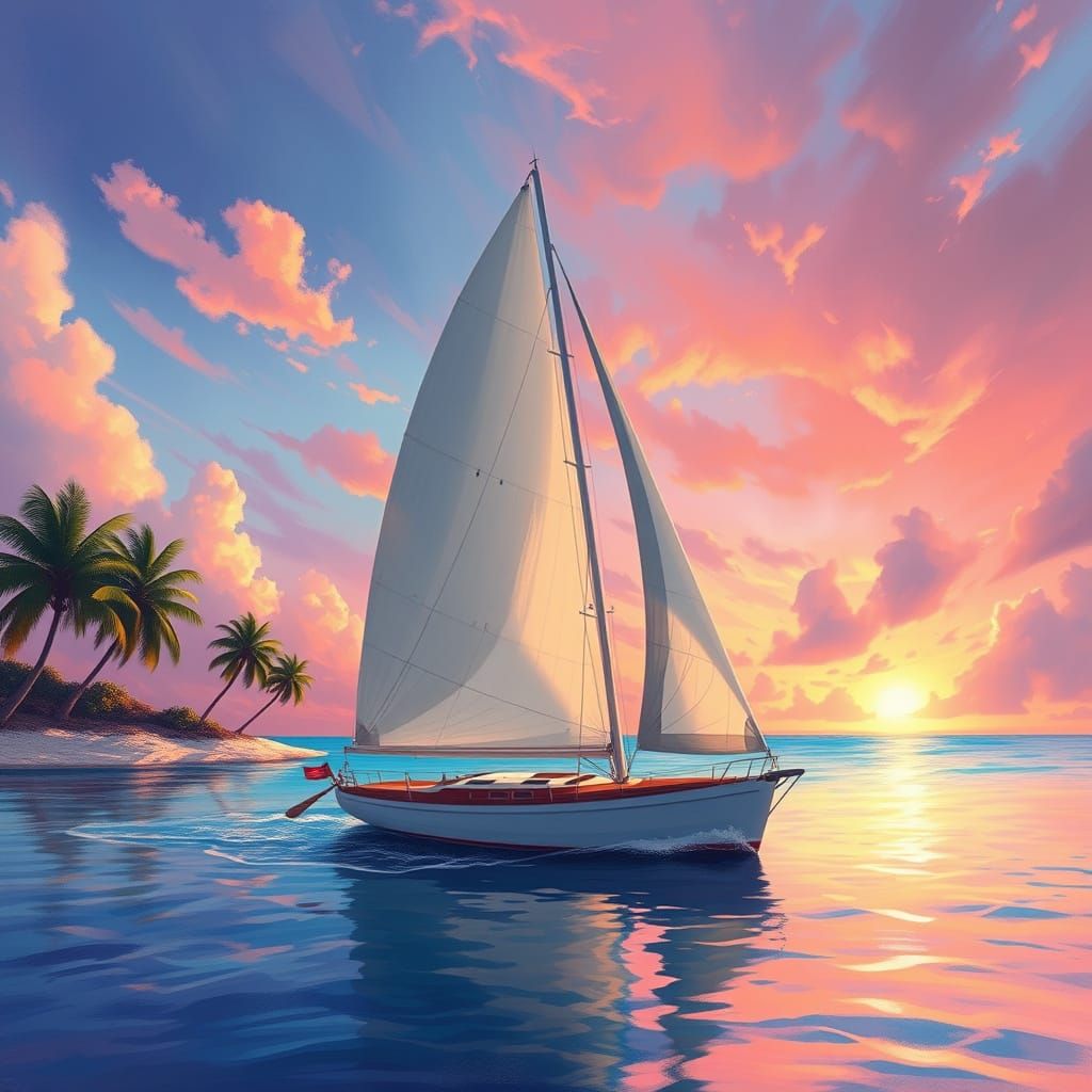 Tropical Sailboat at Sunset in Impressionist Style