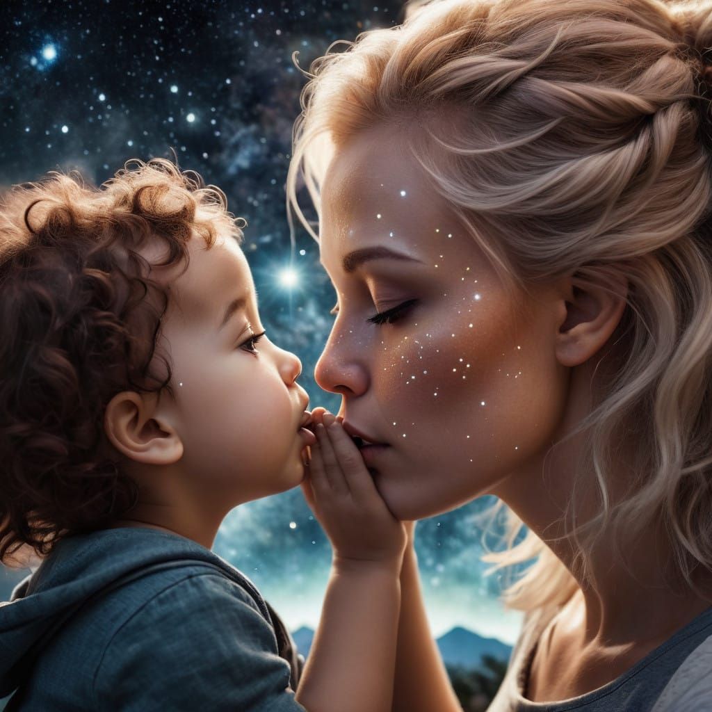 Cosmic Mother and Child Connect Under Starry Nebula
