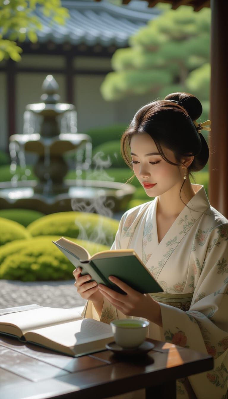 Serene Woman Reading in Zen Garden with Fountain