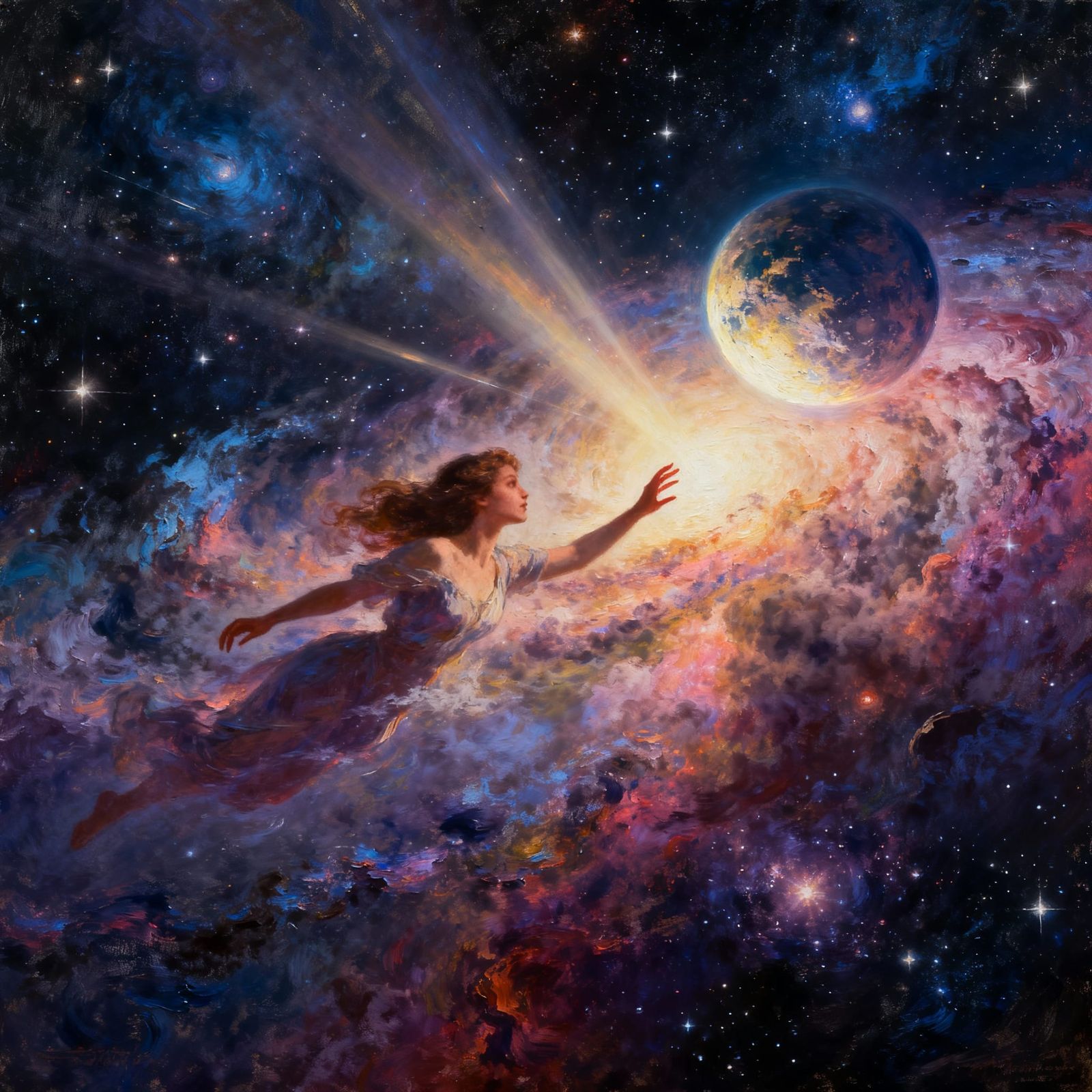 Woman Adrift in Cosmic Nebula Towards Distant Planet