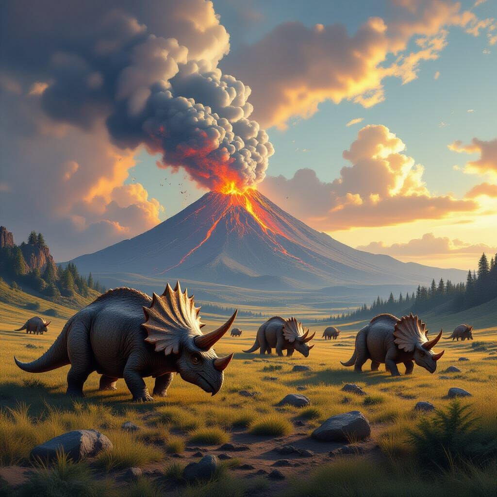 Triceratops Herd Grazing Near Erupting Volcano