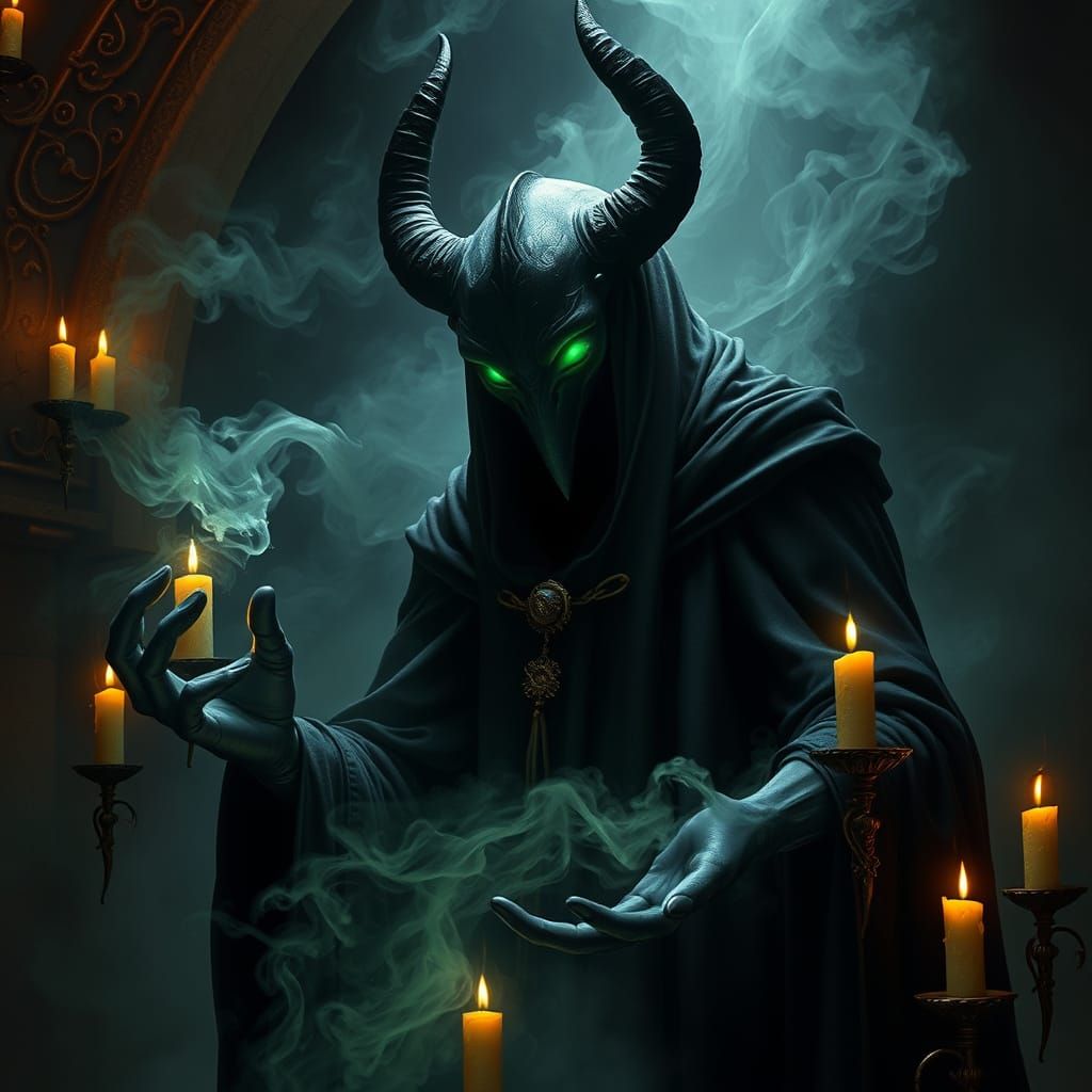 Mystical Black Sorcerer Summons Magic in Dark Chamber