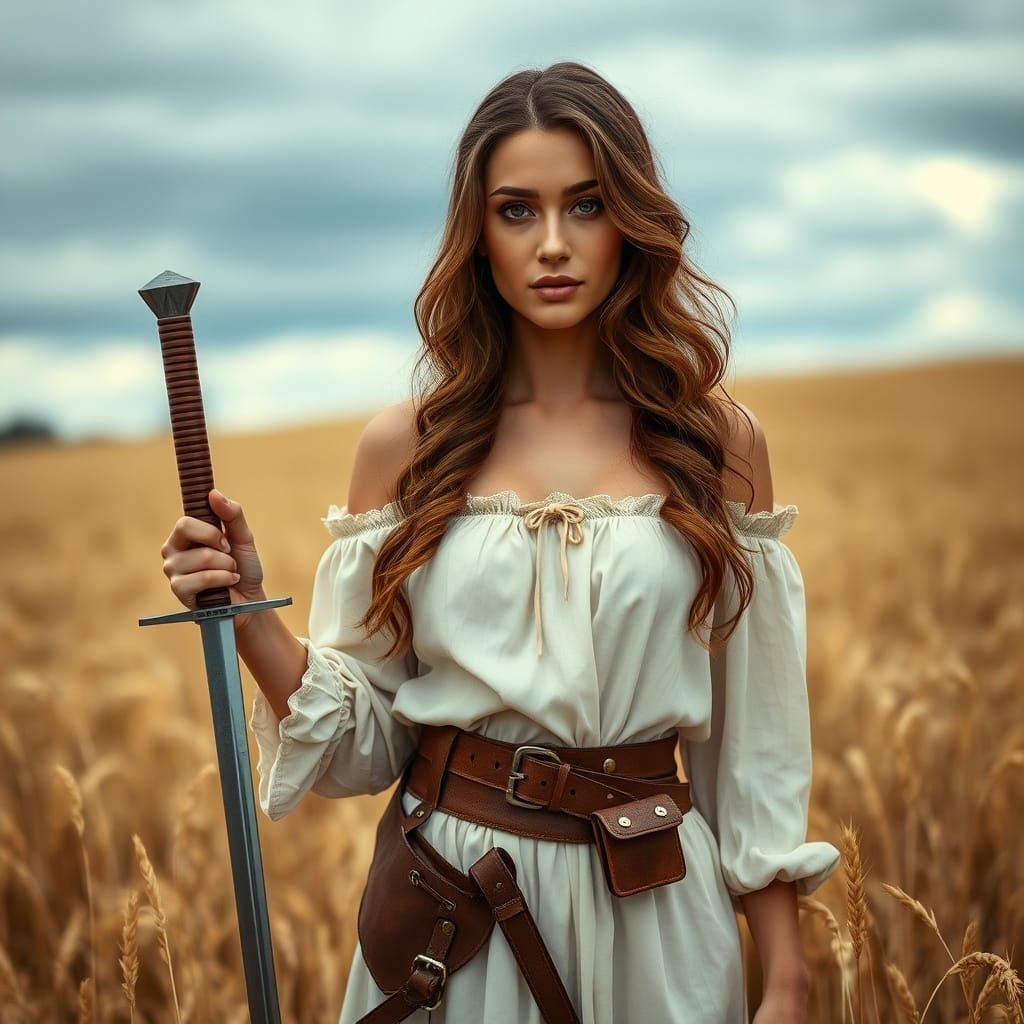 Medieval Woman with Sword in Wheat Field
