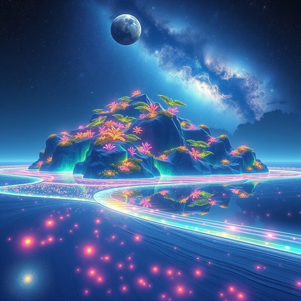 Glittering Bioluminescent Island Under Nebula Sky