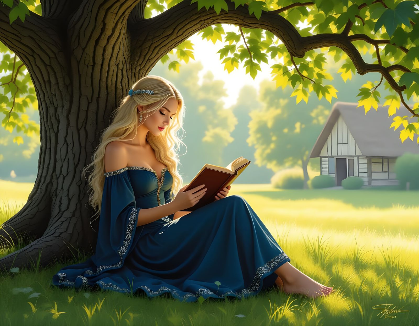 Norse Goddess Reading Beneath Ancient Oak, Fantasy Portrait