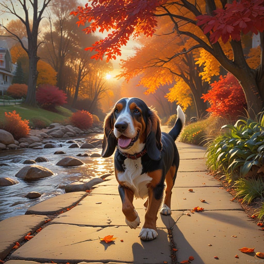 Happy Bassett Hound in Colorful Autumn Sunset Park