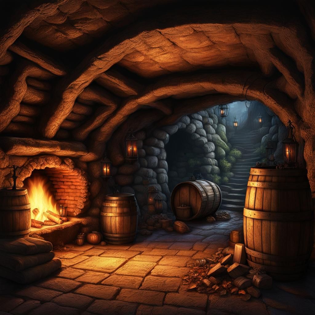 Torchlit Underground Chamber in Matte Painting Style