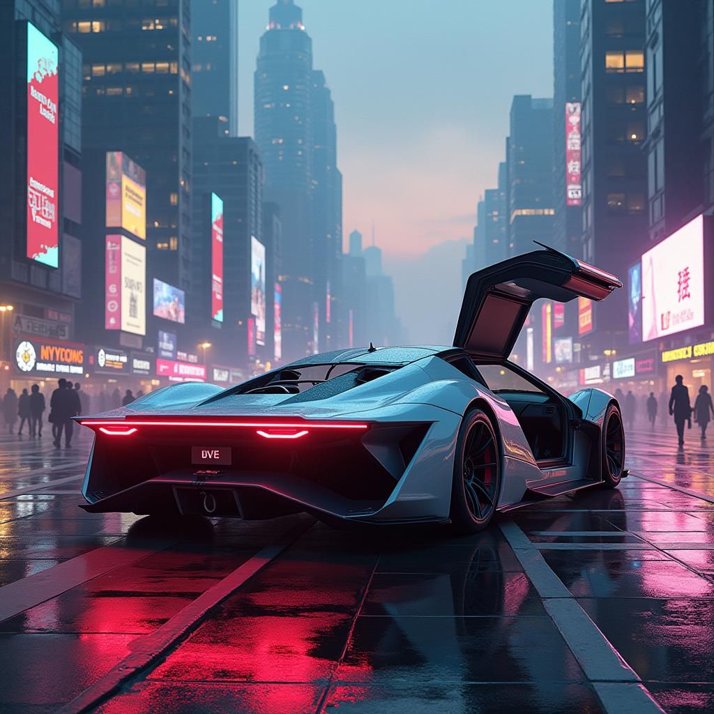 Futuristic Toyota in Cyberpunk Cityscape at Dusk