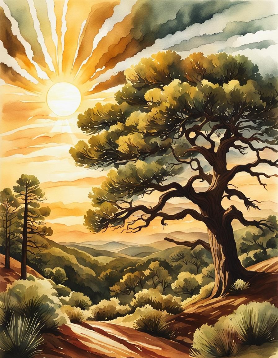 Ink & watercolor illustration : olive green, brown, tan, mahogany : majestic radiating light rays, pinyon pine forest ;...