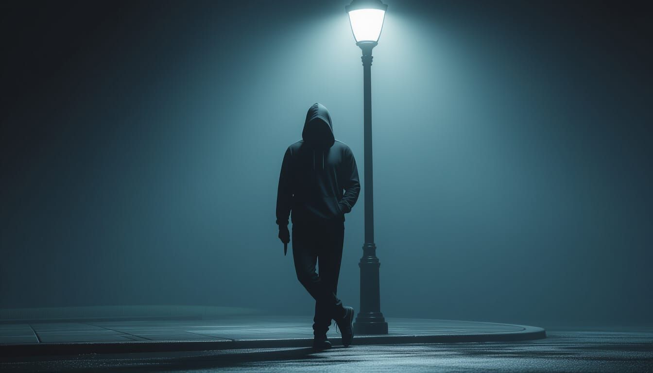 Shadowy Figure with Knife Under Street Lamp