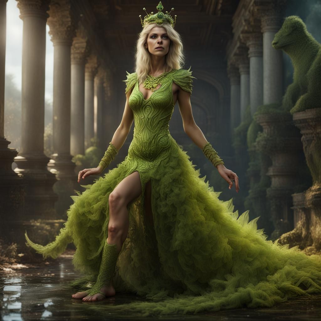 Hyperrealistic Lizard Woman in Lime Dress, Detailed Art