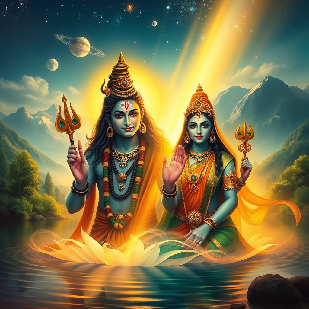 Divine Shiva and Parvati in Golden Light