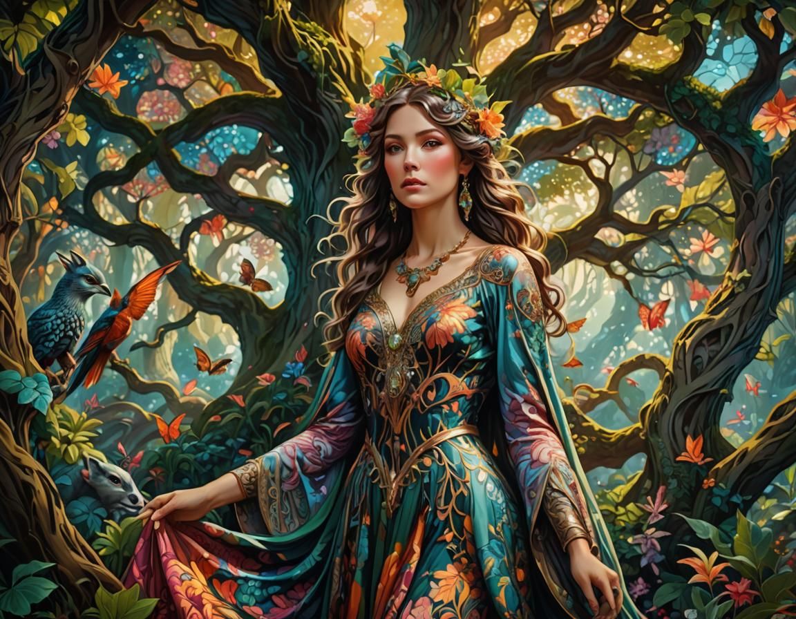 Mucha-Inspired Surreal Fantasy Art of Woman and Tree