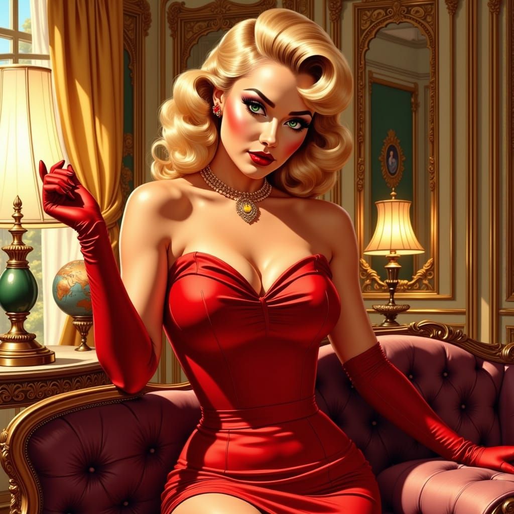 Sultry Blonde Siren in 1950s Glamour
