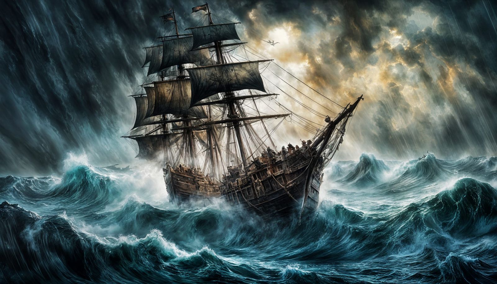 Surreal Stormy Pirate Galleon Emerges from Mist in Cyberpunk...