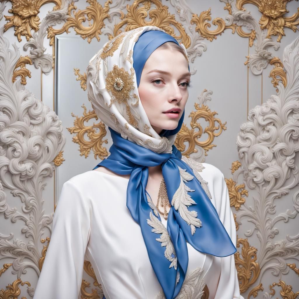 Headscarf wearing statuesque figure stands poised, enveloped...