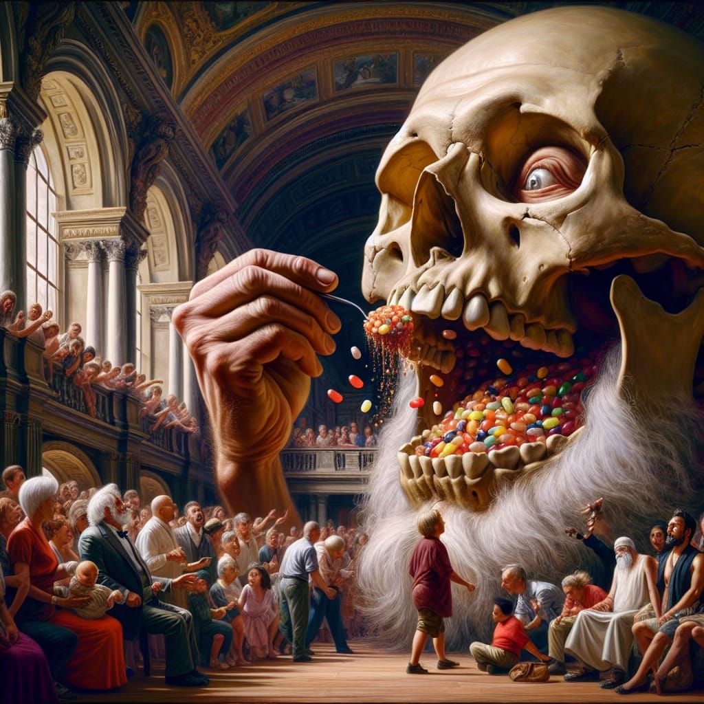 Large Old Man eating Jelly Beans Out of The Flip Top Skull o...