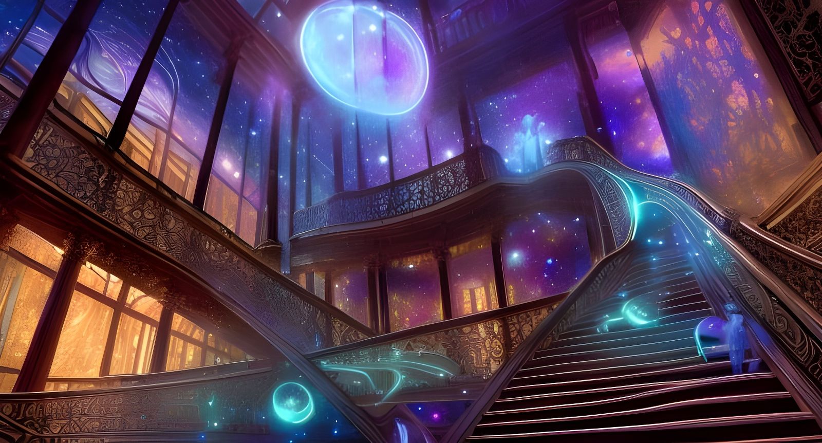 Bioluminescent Galaxy Stairs in a Grand Atrium