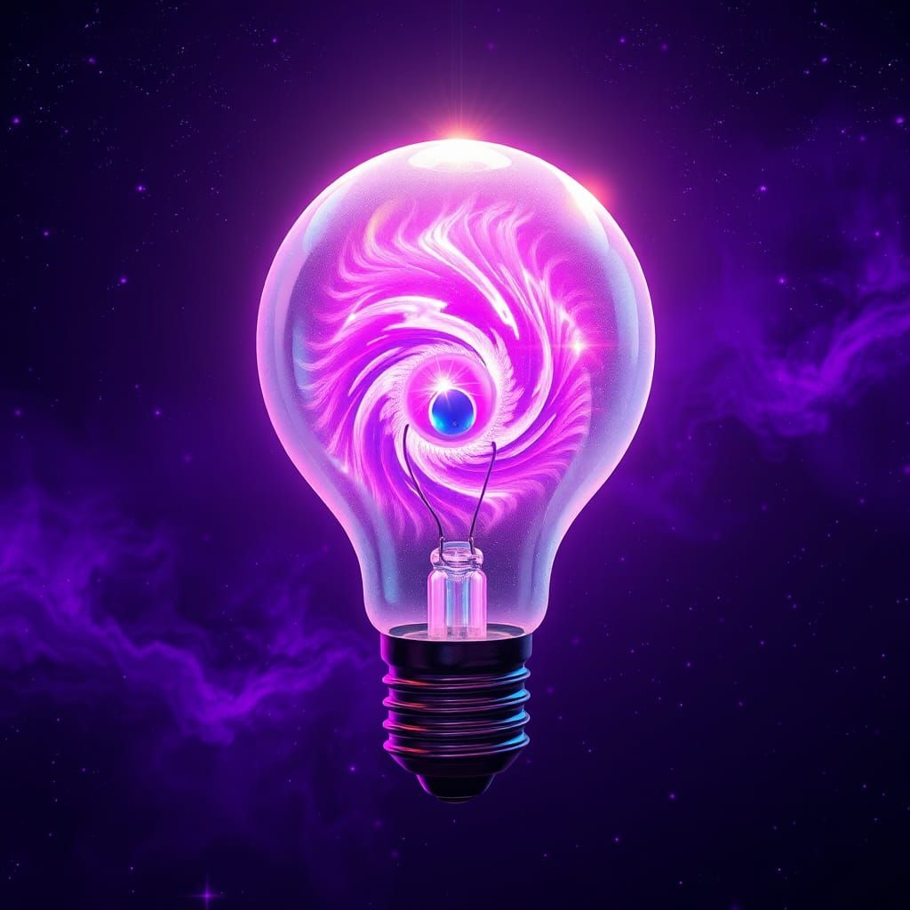 Iridescent Light Bulb Floating in Psychedelic Nebula