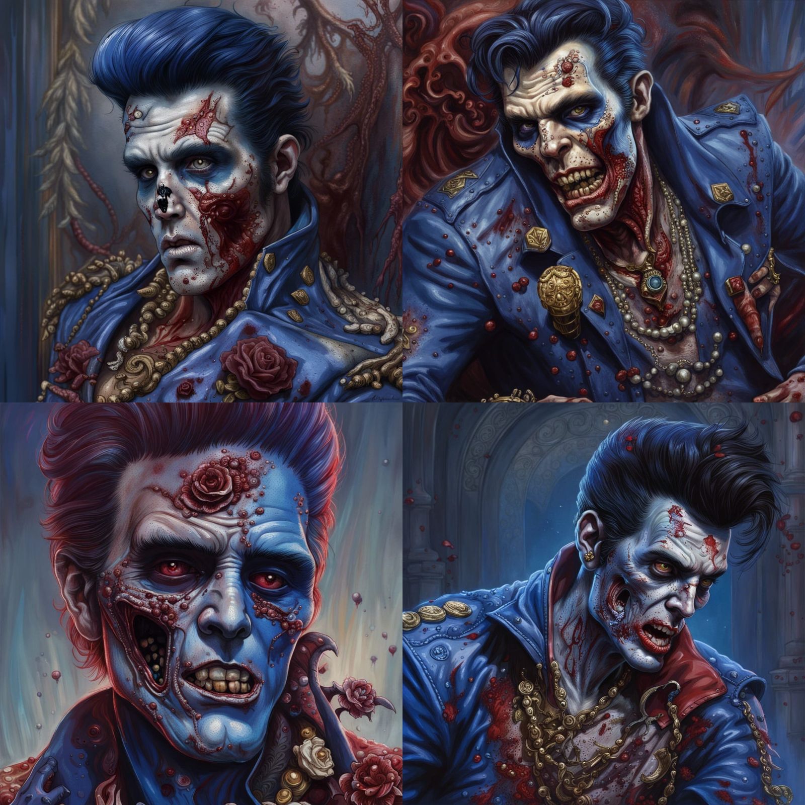 Photorealistic Zombie Elvis in Crimson and Indigo