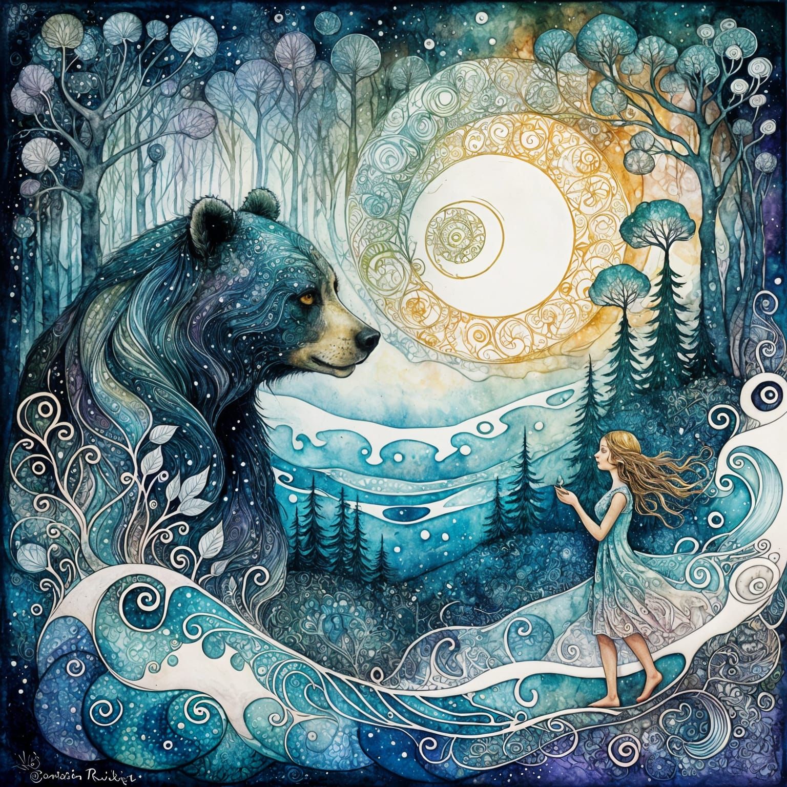Girl Meets Bear: Art Nouveau Watercolor Illustration