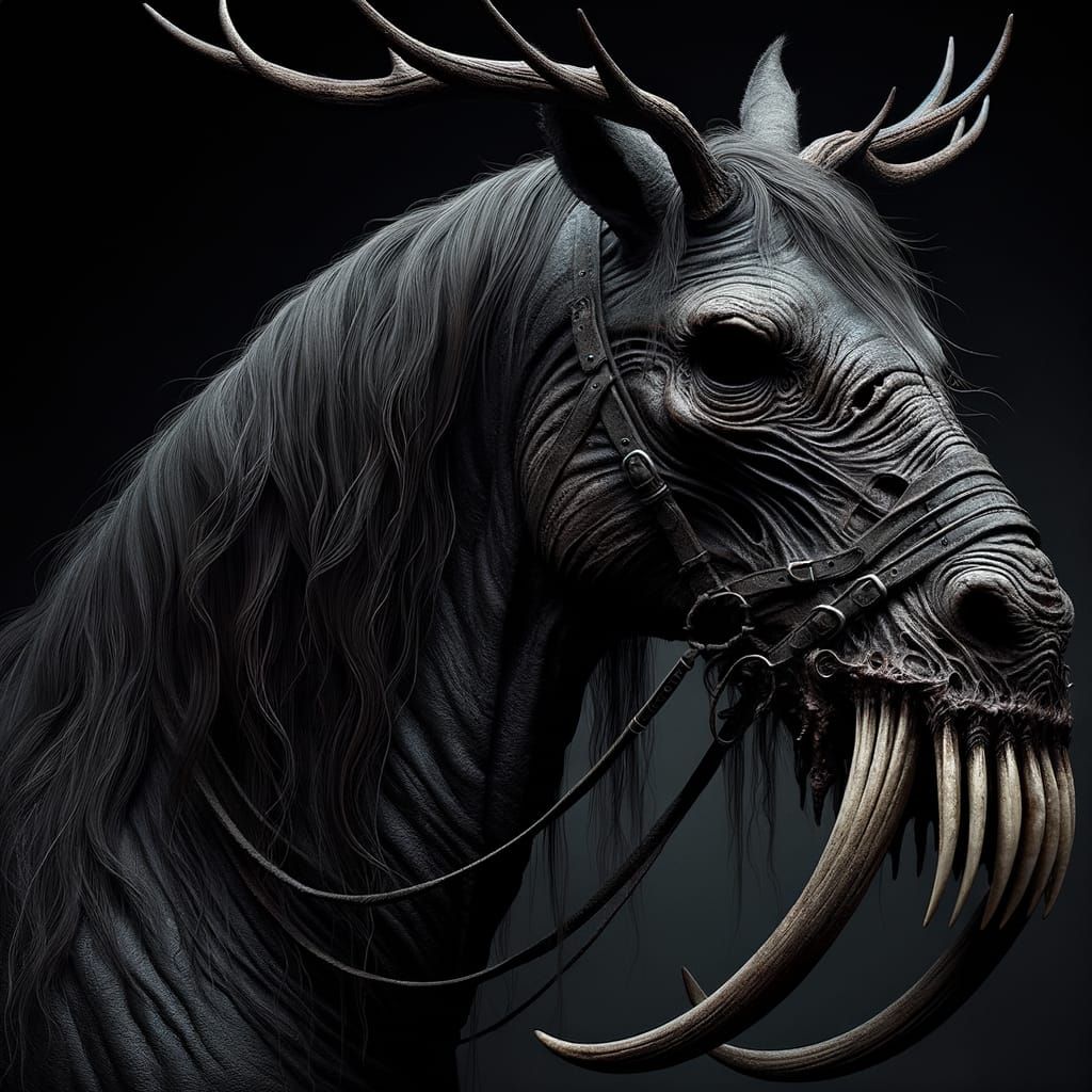 Macabre Equine with Spiked Antlers and Tusks