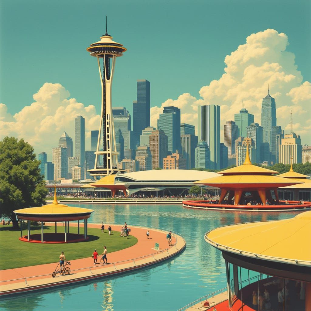 Retro-Futuristic Seattle World Fair 1962 Cityscape
