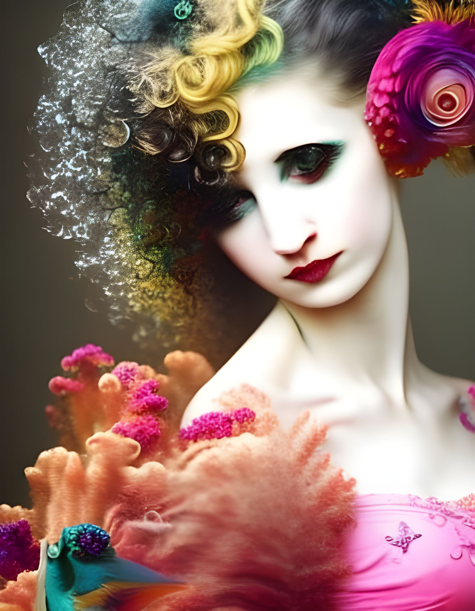 Ethereal Albino Model with Peacock, Fantasy Horror Art