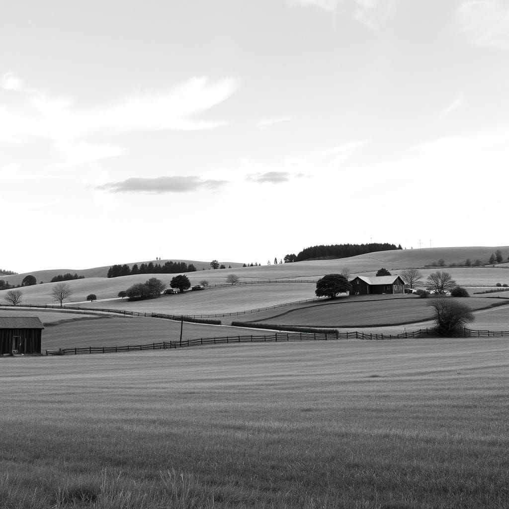 Monochrome Farmland Landscape in American Realism Style