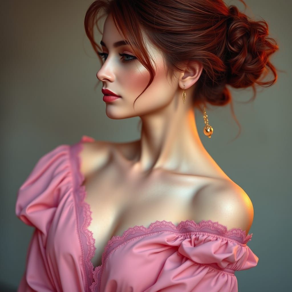 A romantic and elegant digital portrait created with acrylic and vivid oils of a beautiful woman with softly tousled red...