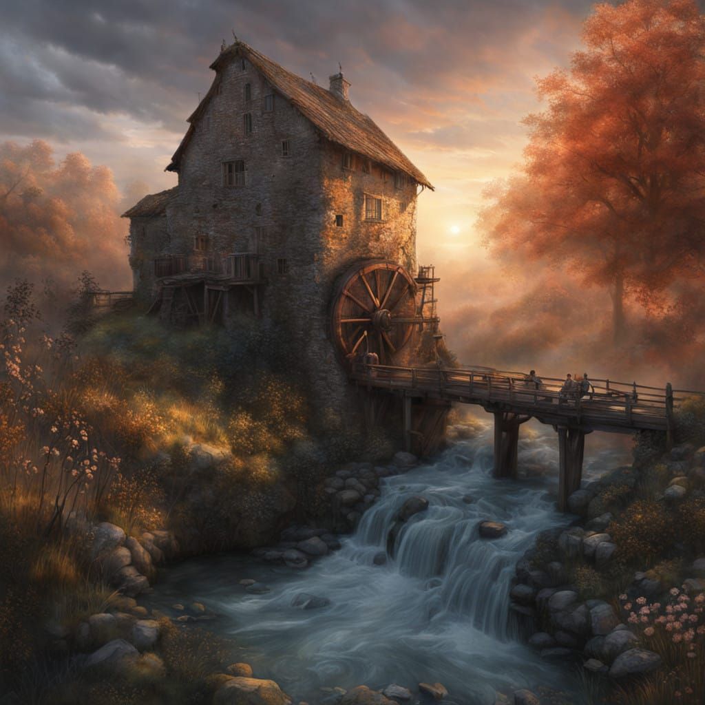 Historic Watermill in Whimsical Evening Light