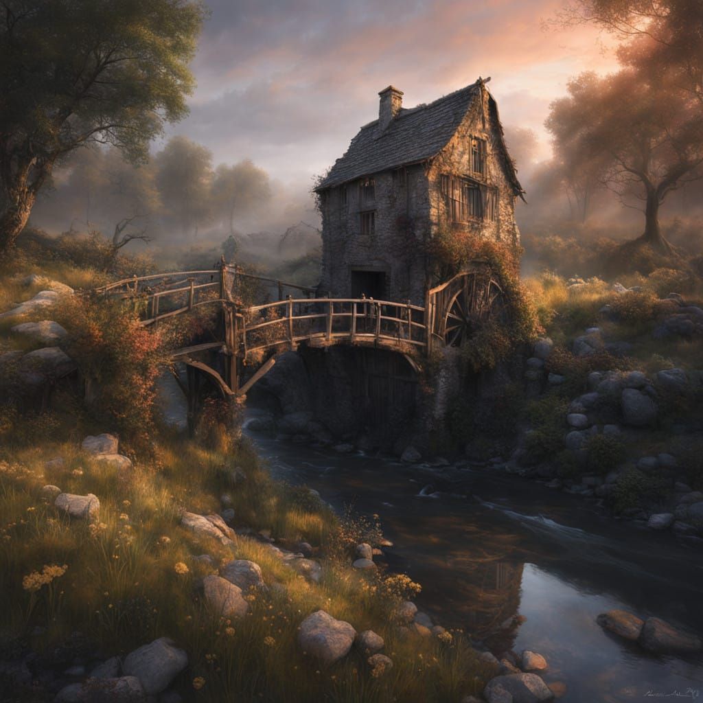Historic Watermill Enveloped in Mystical Evening Haze