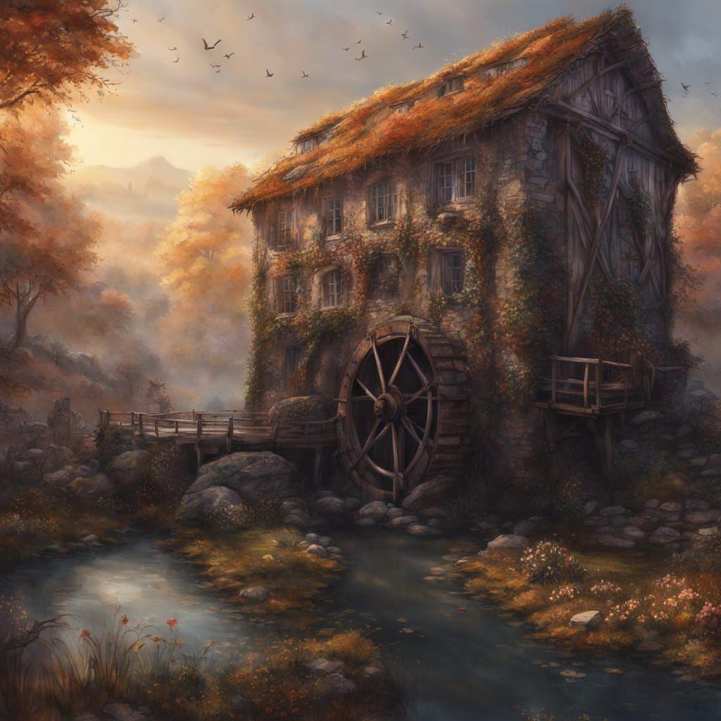 Whimsical Watermill in Soft Evening Light