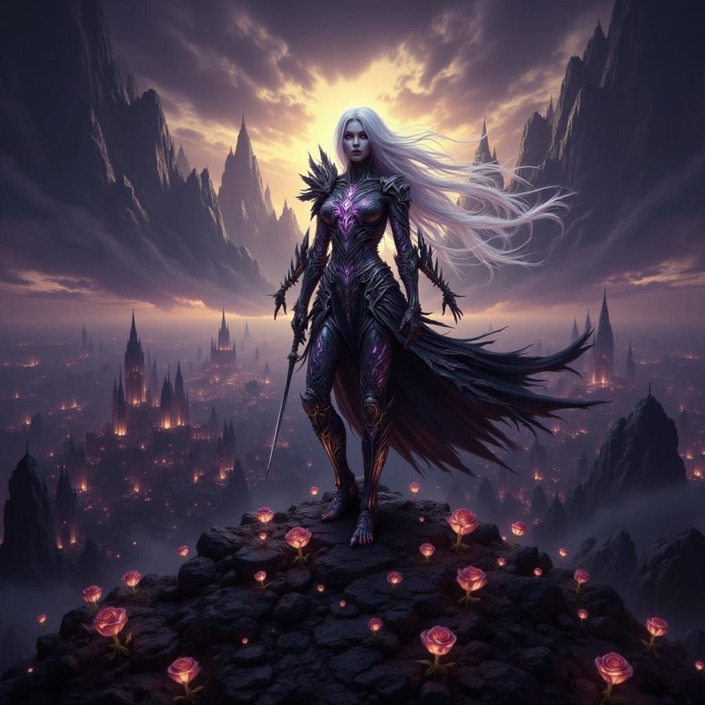 Albino Elf Warrior in Obsidian Armor on Mountain Peak