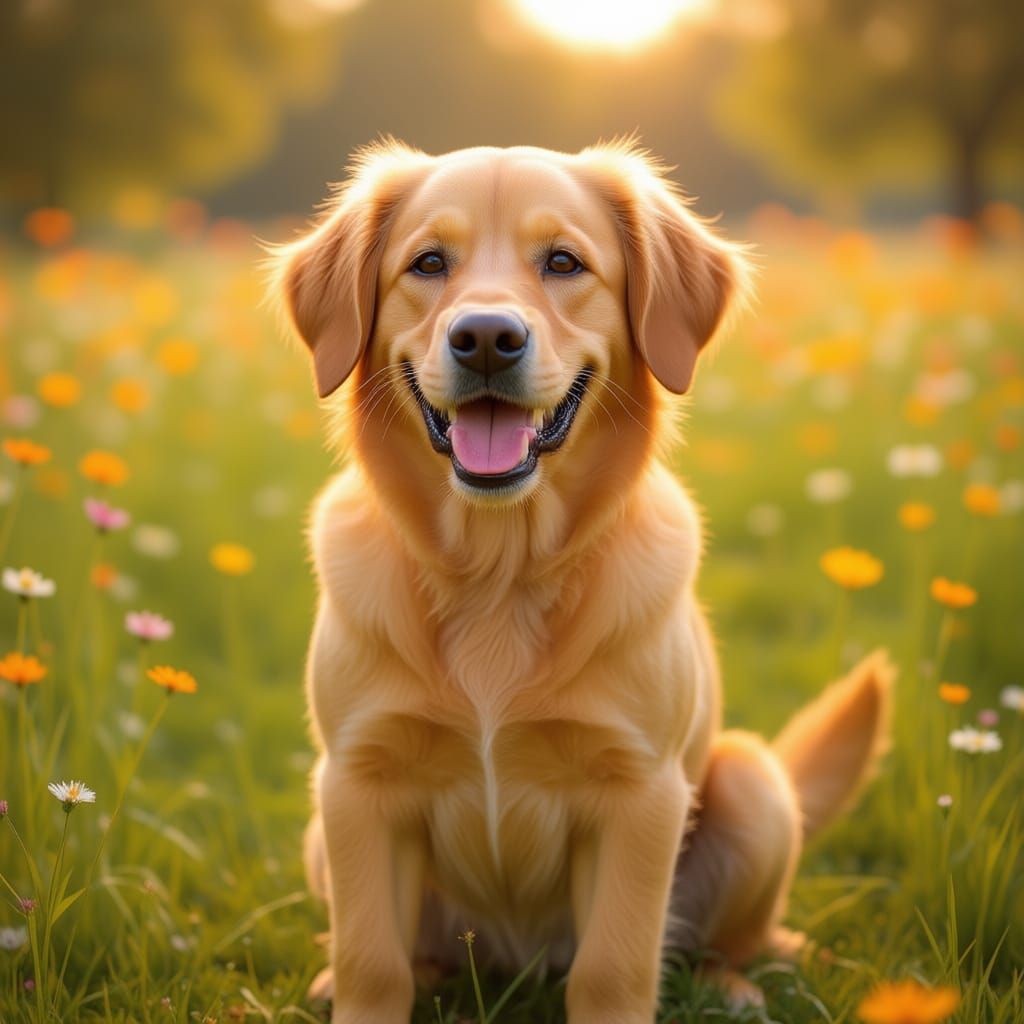 Happy Golden Retriever in Sunlit Meadow