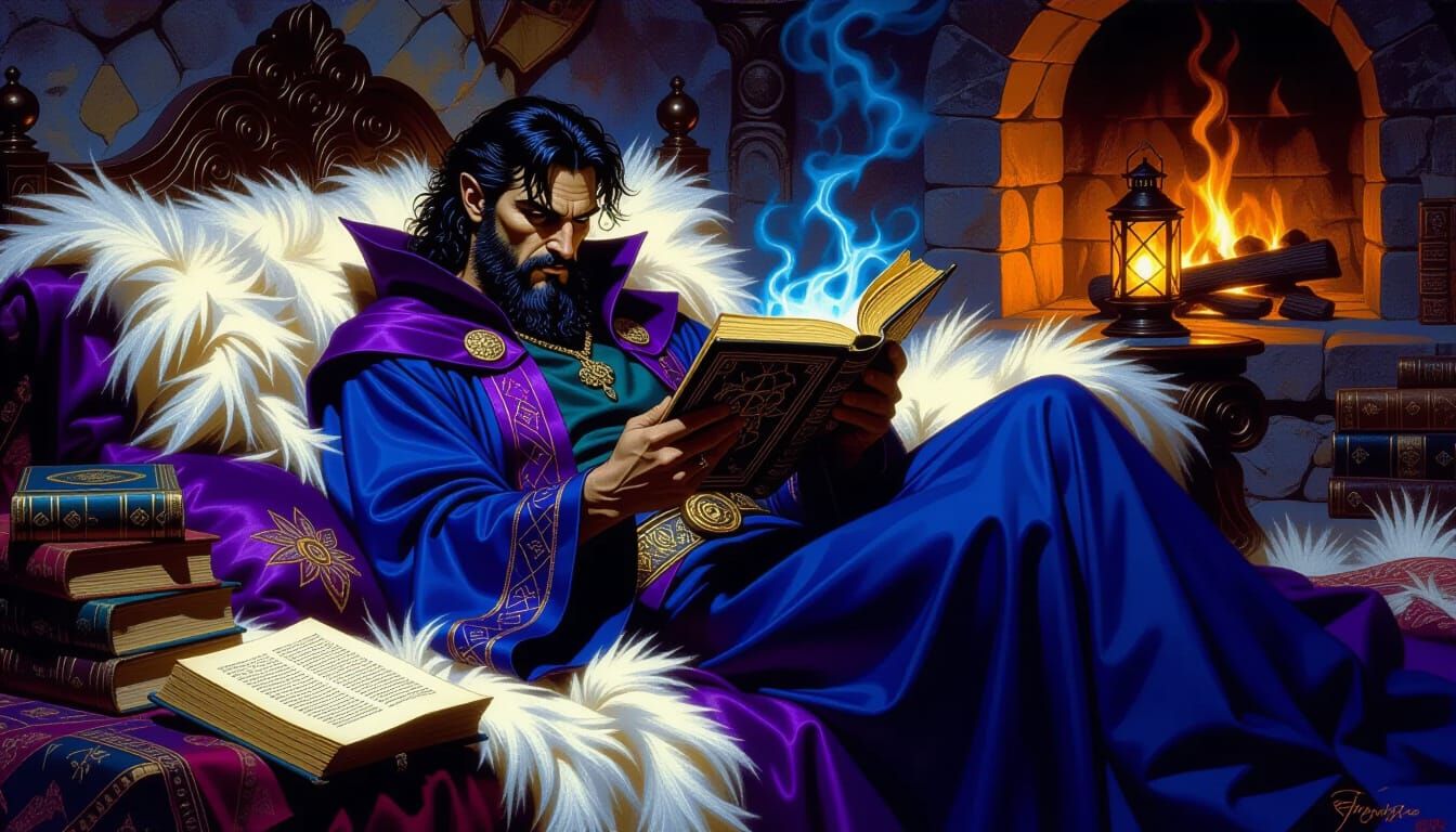 Wizard Reading Grimoire in Lavish Study