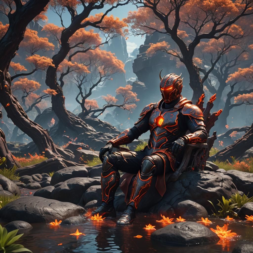 Lava Man Relaxes in Cool Spring: Detailed Matte Painting