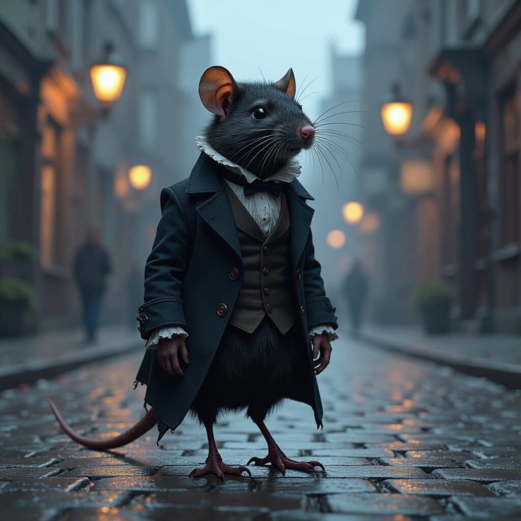 Victorian Bird Rat on Misty Cobblestone Street