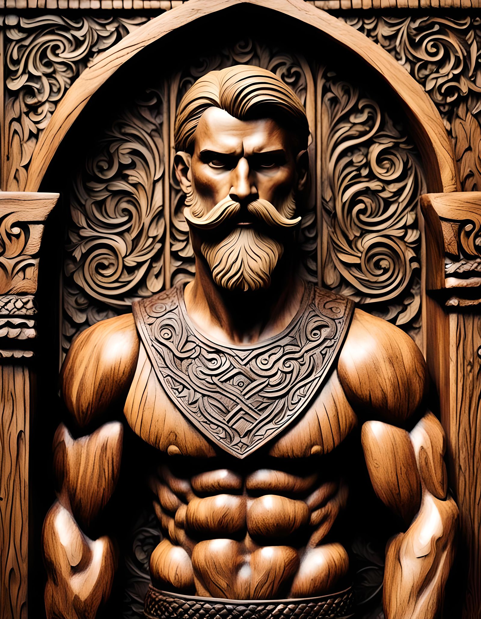Carved Nordic Viking Statue in Romanesque Style