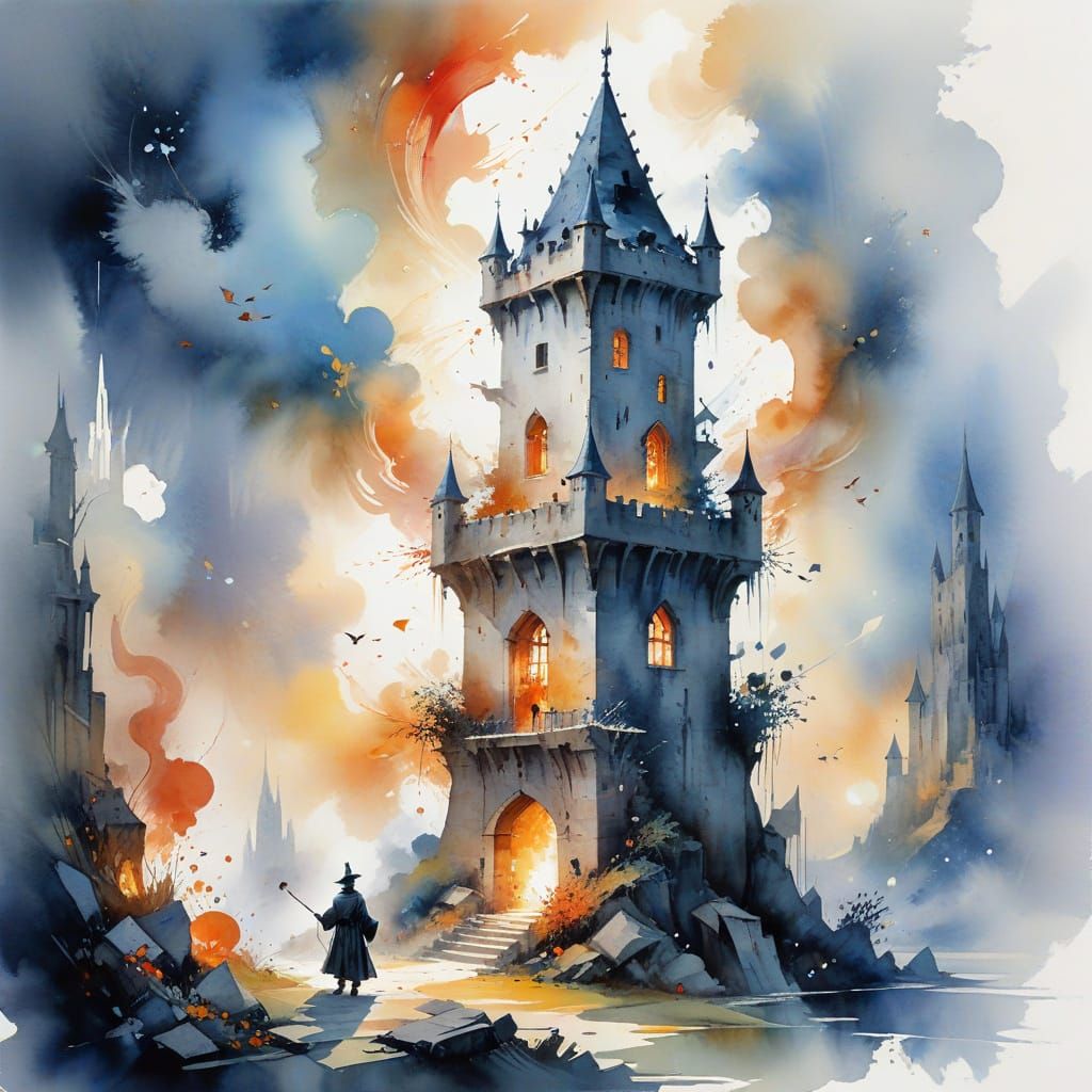 Wizard Casting Spells in Tower: Watercolor and Cinematic Sty...