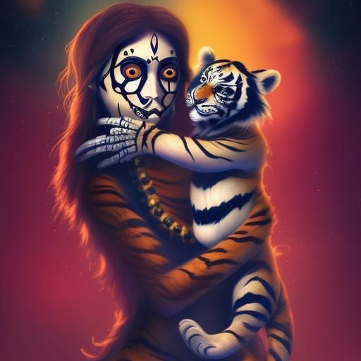 Indian Skeleton Woman Hugging Tiger Cub