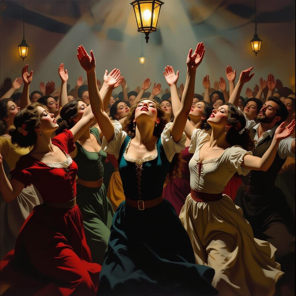 Surreal Medieval Dancers in Trance, Brush Stroke Style