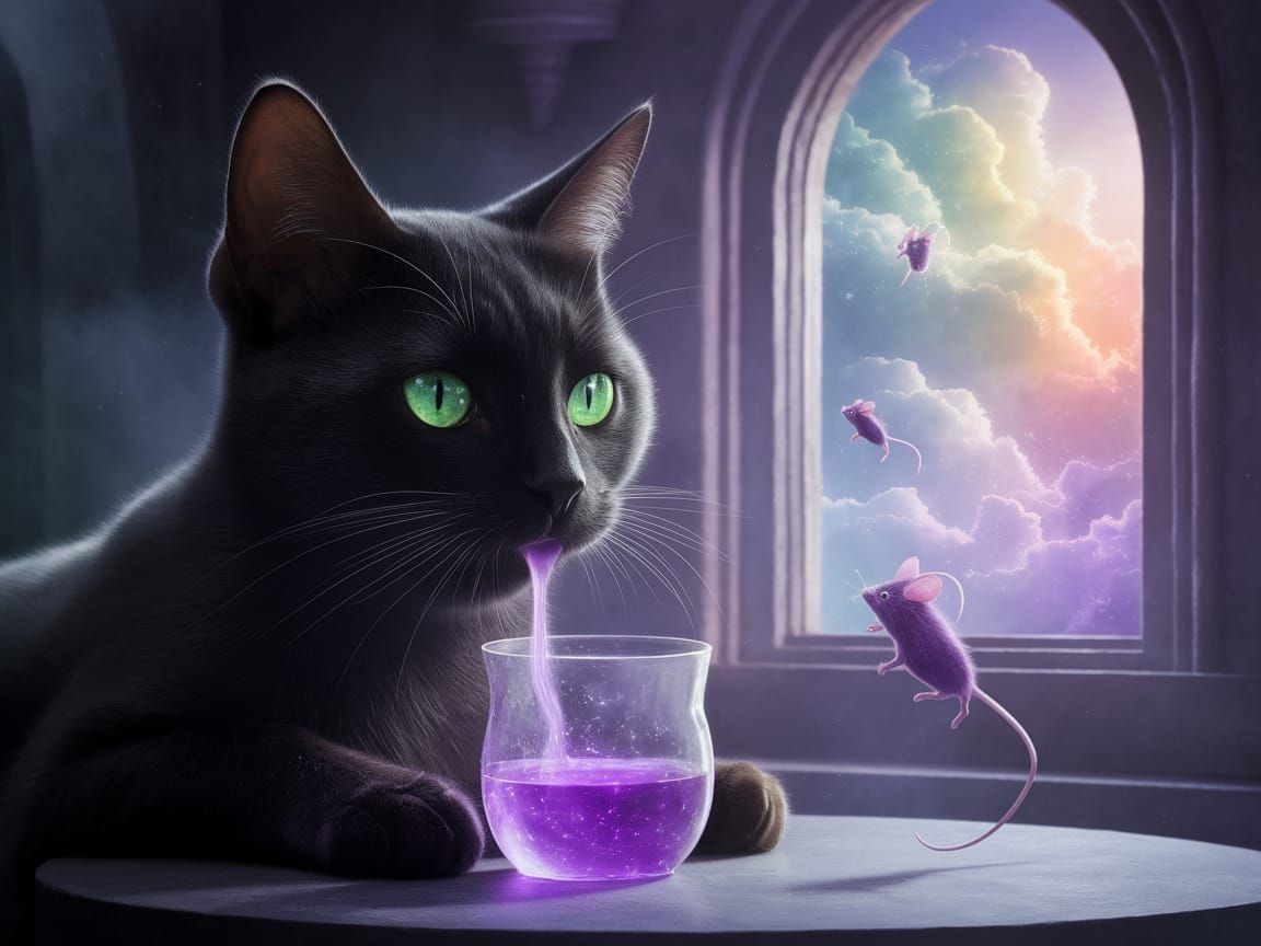 Mystical Black Cat Confronts Whimsical Magic in an Enchanted...