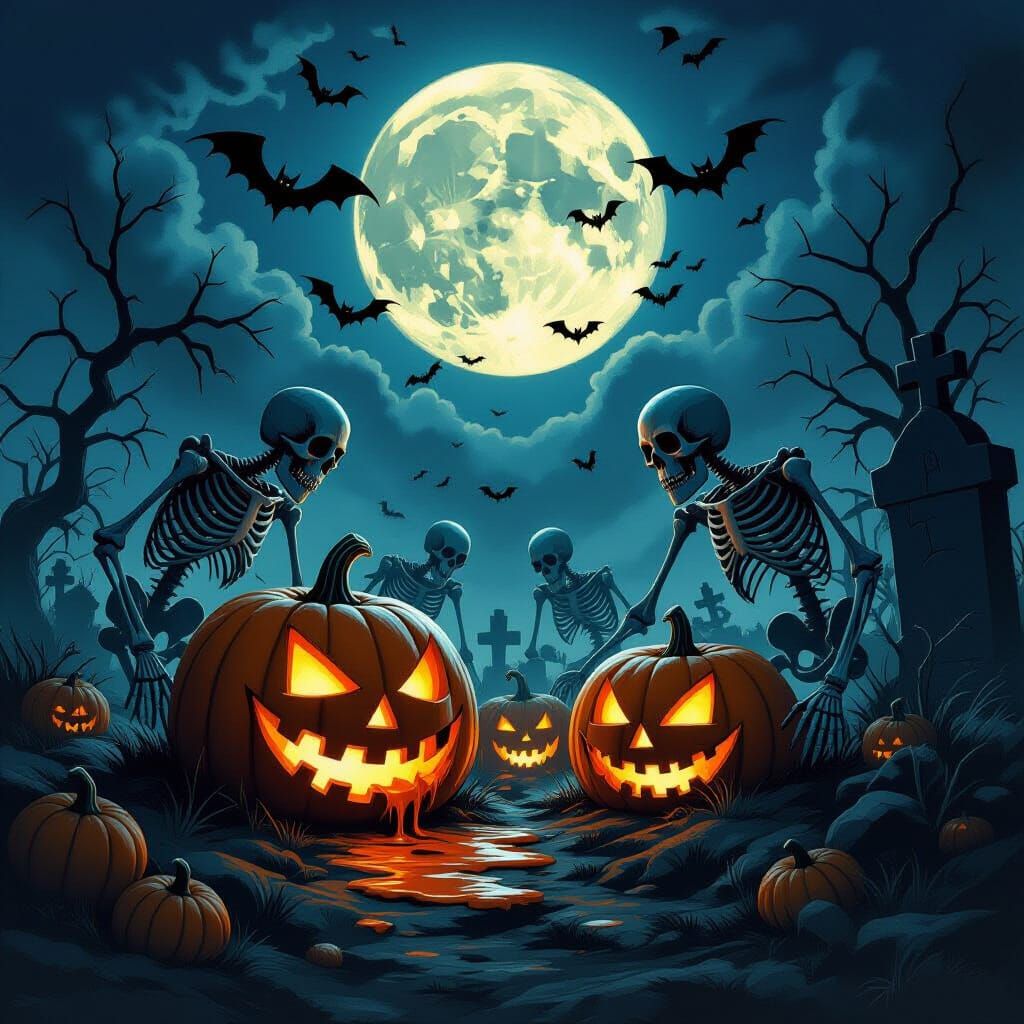 Eerie Halloween Graveyard with Bleeding Pumpkins and Skeleto...