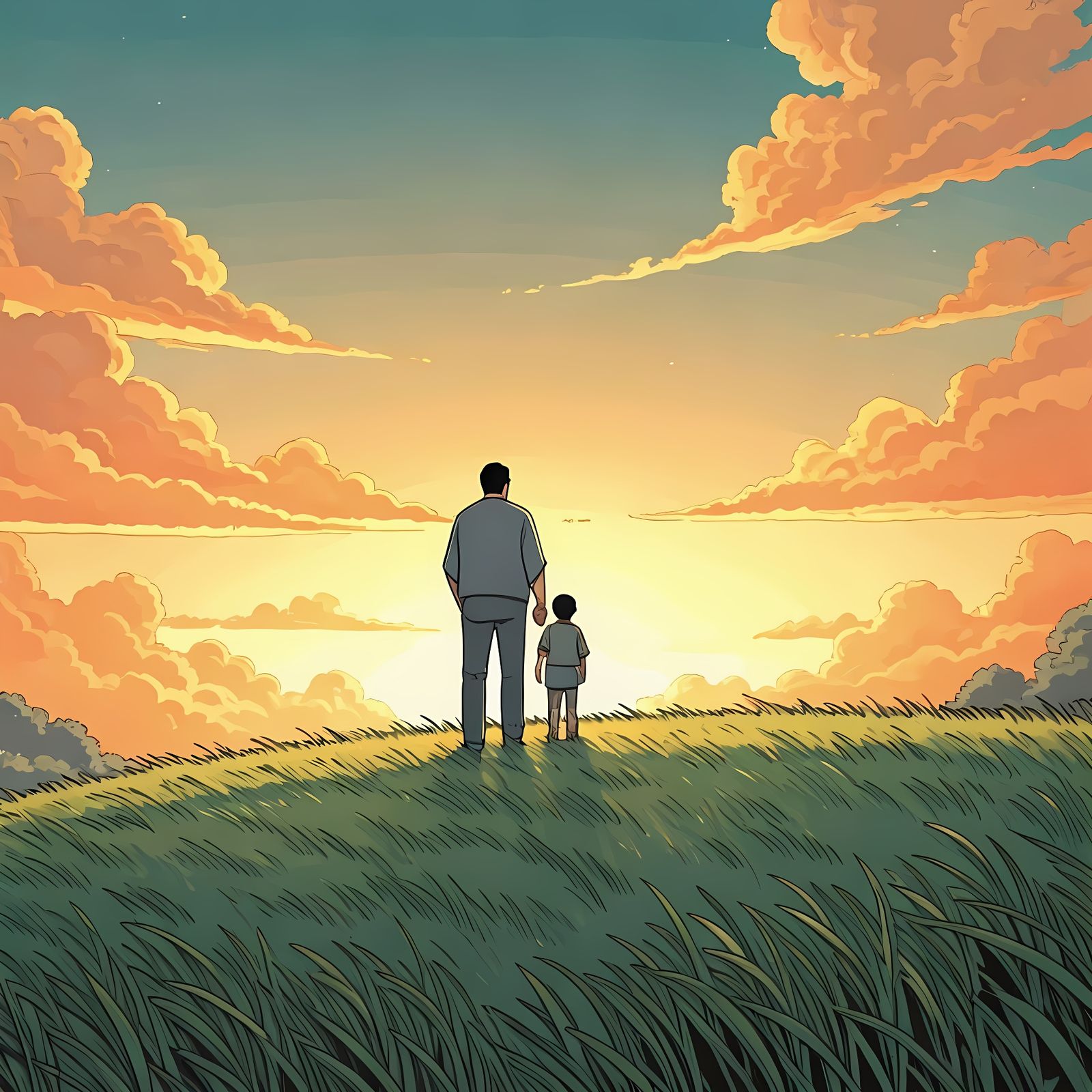 Hopeful Father-Son Moment in a Sunset Comic Book Panel