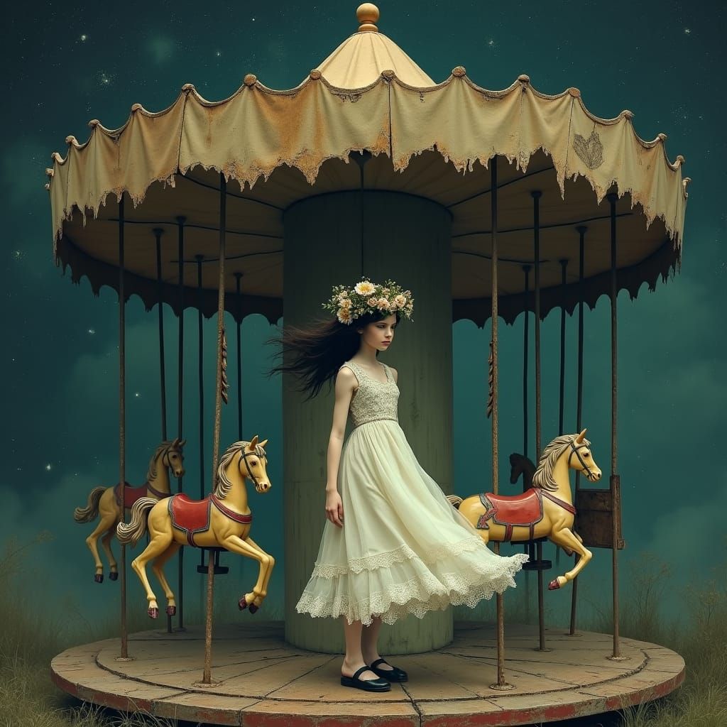 Ghostly Girl by Haunted Carousel in Gothic Style