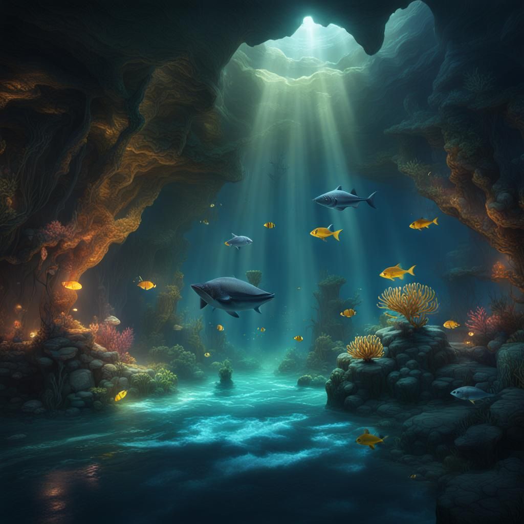 Underwater Cave with Diver in Deep Sea Light