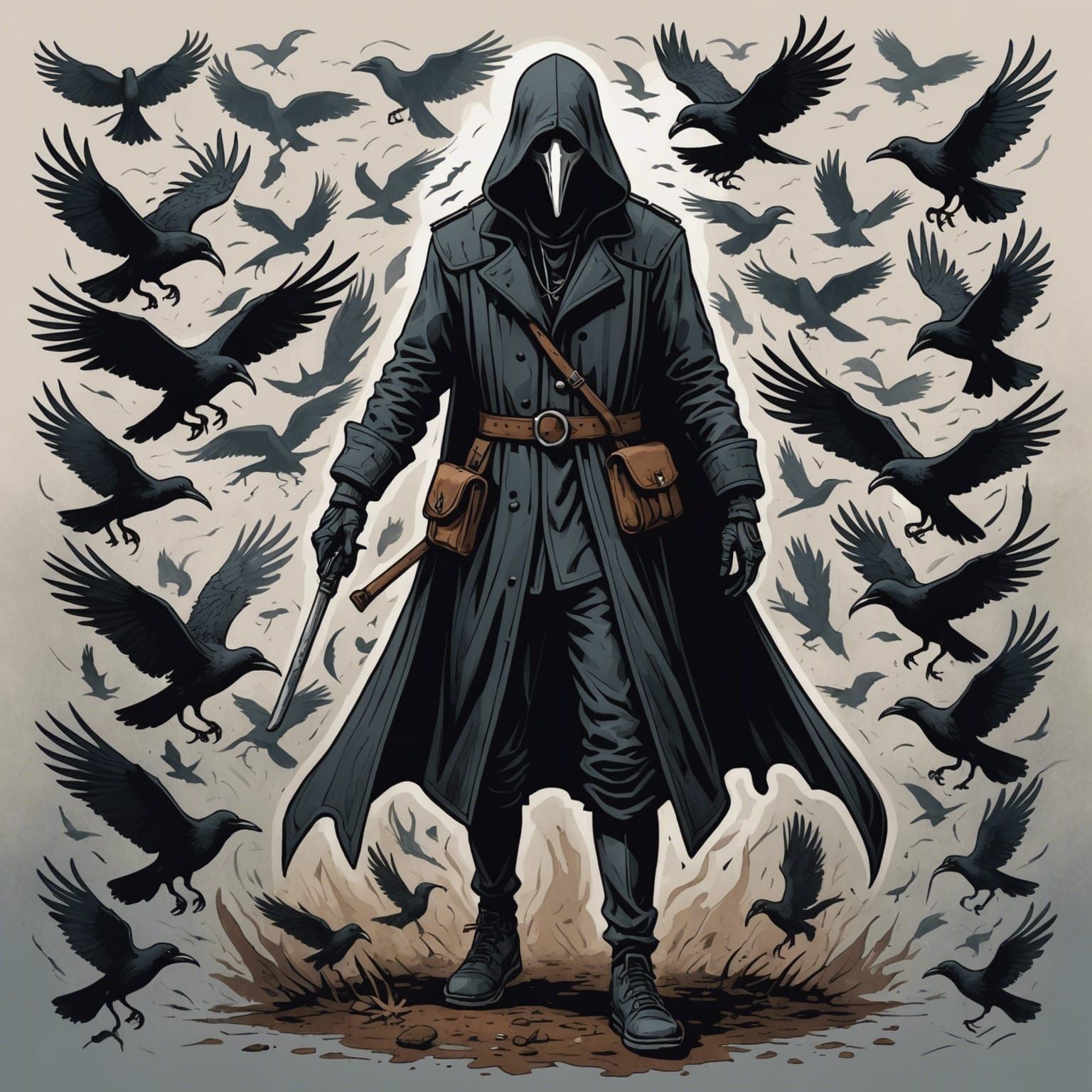 Plague Doctor in Nature, Gouache Comic Illustration